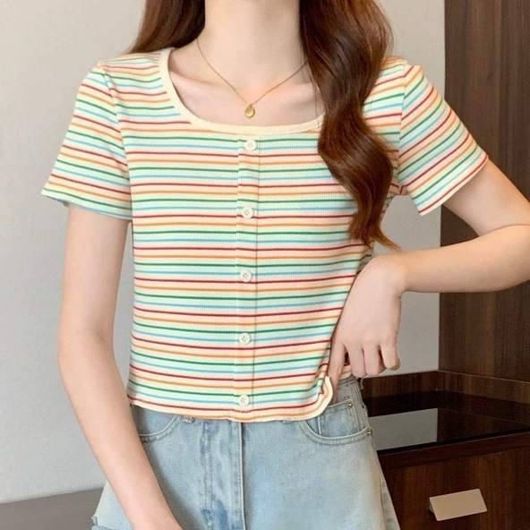 Полосатые женские топы с квадратным вырезом и короткими рукавами, новые летние стильные милые и милые топы для похудения для маленьких людей