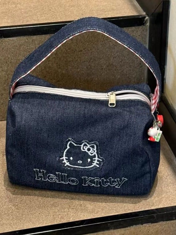 ins かわいい新しい刺繍キティデニム通勤バッグポータブル収納外出大容量コントラストカラーハンドバッグ|undefined