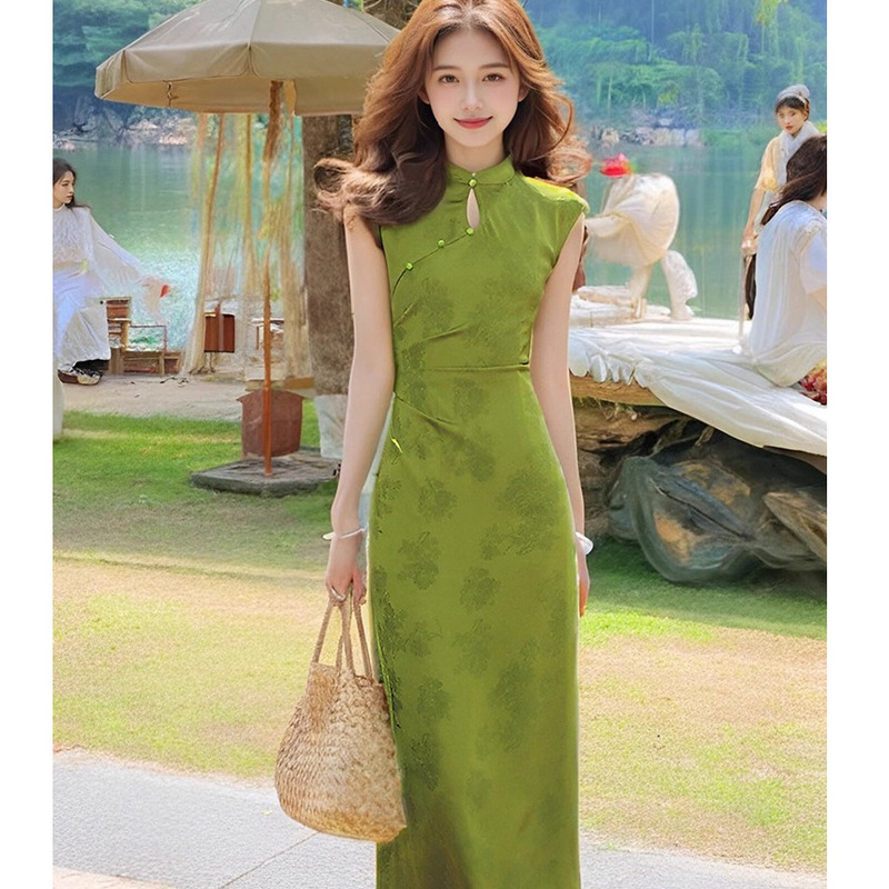 New Chinese Style Printed Improved Cheongsam Young Style Slimming and Whitening Slit Long Dress for Women 2025 Summer