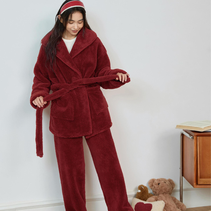 秋冬新款大翻领暖暖绒系带加厚睡袍睡衣舒适柔软保暖家居服套装女|undefined