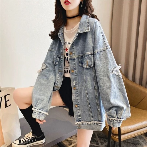 Korean style loose casual student denim jacket for women  spring and autumn new style Internet celebrity long-sleeved hole top Hong Kong style trendy