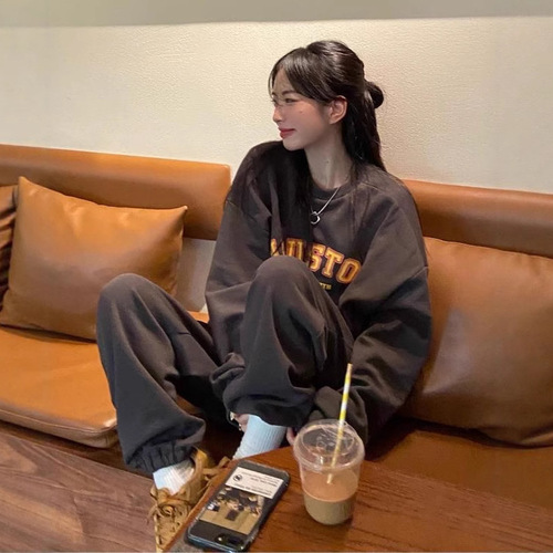 Lazy style fashionable casual sportswear suit for women's autumn loose sweater coat for sweatpants, leg tight pants, two-piece set