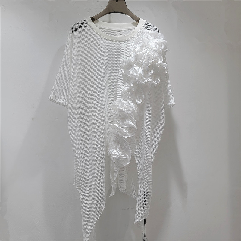2026 primavera y verano hueco jacquard tridimensional de manga corta mujer delgada suelta alta sensación única camiseta de malla de moda image 3
