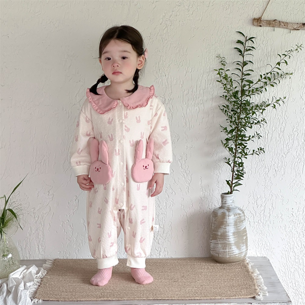 Ropa de otoño para bebés súper lindos, ropa de una pieza de algodón de primavera y otoño para bebés, ropa de salida, lindo conejo, luna llena, cien días