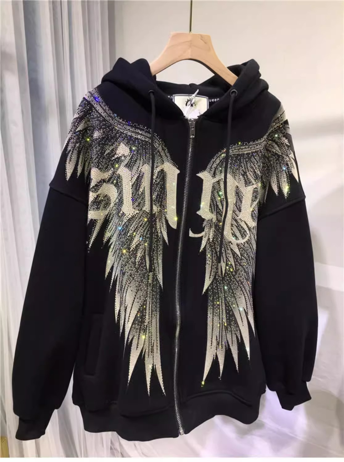 Women's Clothing Extra large size heavy industry diamond light luxury front and rear wings hooded long sleeved velvet jacket sweatshirt_voghion.com