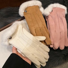麂皮绒棕色毛绒手套女2025年秋冬季加厚加绒保暖防寒学生户外骑行