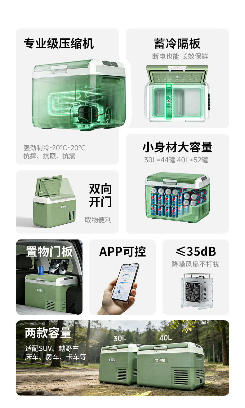 Inder Car Refrigerator Fc30/40L Dual Compartment Refrigeration and Freezing 12V/24V for Large Trucks and General Household Use