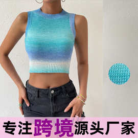 欧美夏装新款亚马逊独立站跨境性感大露背扎染露脐修身针织上衣女