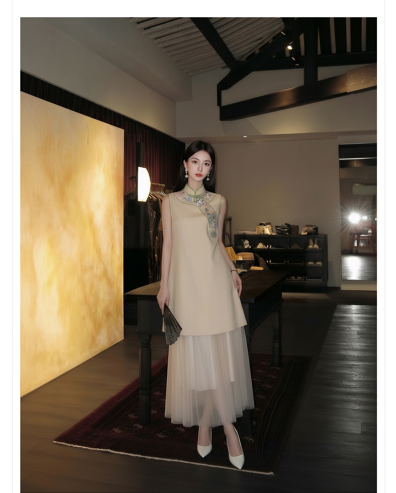 Đầm suông nữ midi phong cách quốc phong, tay không, thêu họa tiết — màu mơ chi tiết 9