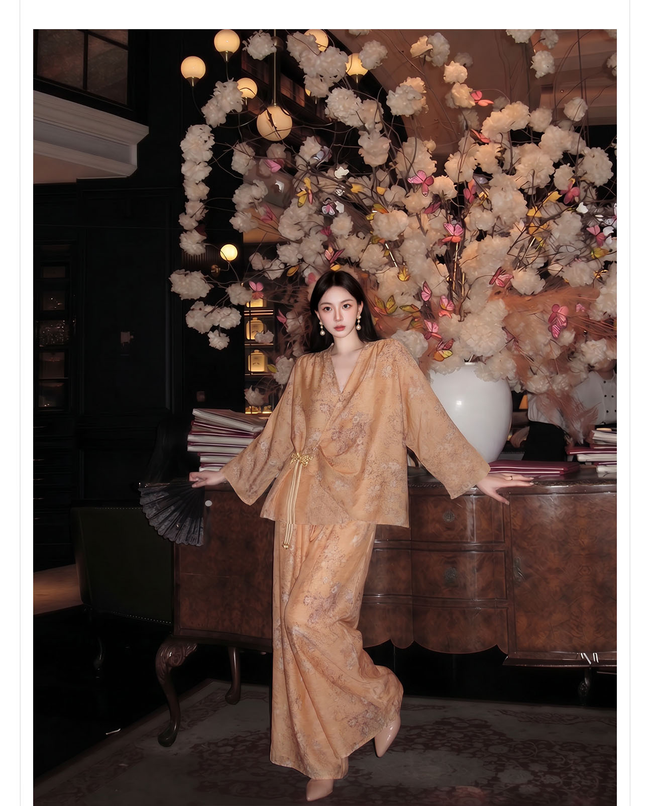 Bộ đồ bộ nữ phong cách Trung Hoa mới, áo rộng quần ống rộng họa tiết jacquard, form suông thoải mái — Trang chủ, bộ đồ, Quần dài chi tiết 6