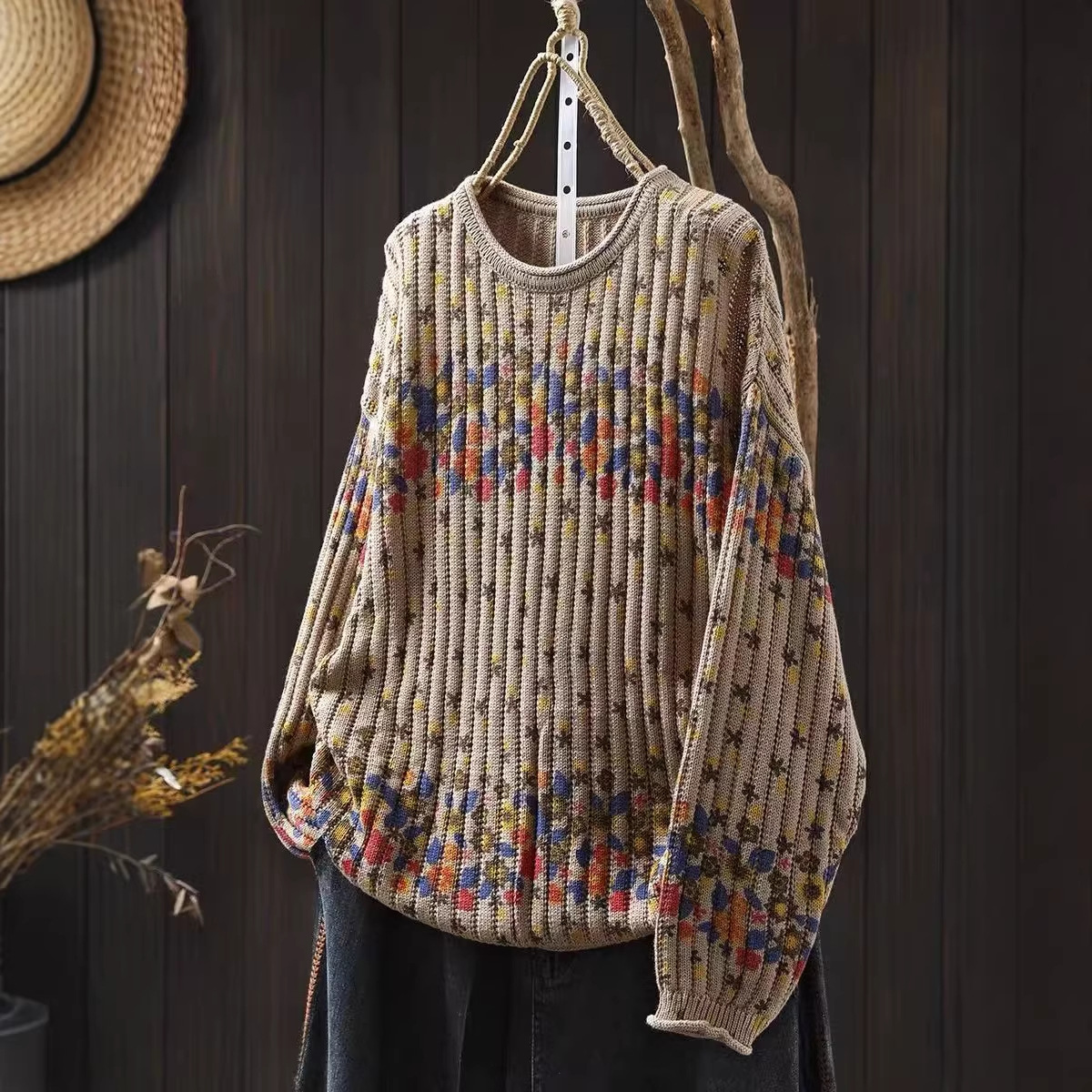 慵懒风印花毛衣女秋冬新款圆领套头针织衫宽松大码长袖线衣