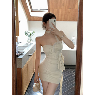 American Sexy Halterneck Rhinestone Stitching Irregular Ribbon Design Pure Desire Hip-Covering Tube Top Dress Women's Summer