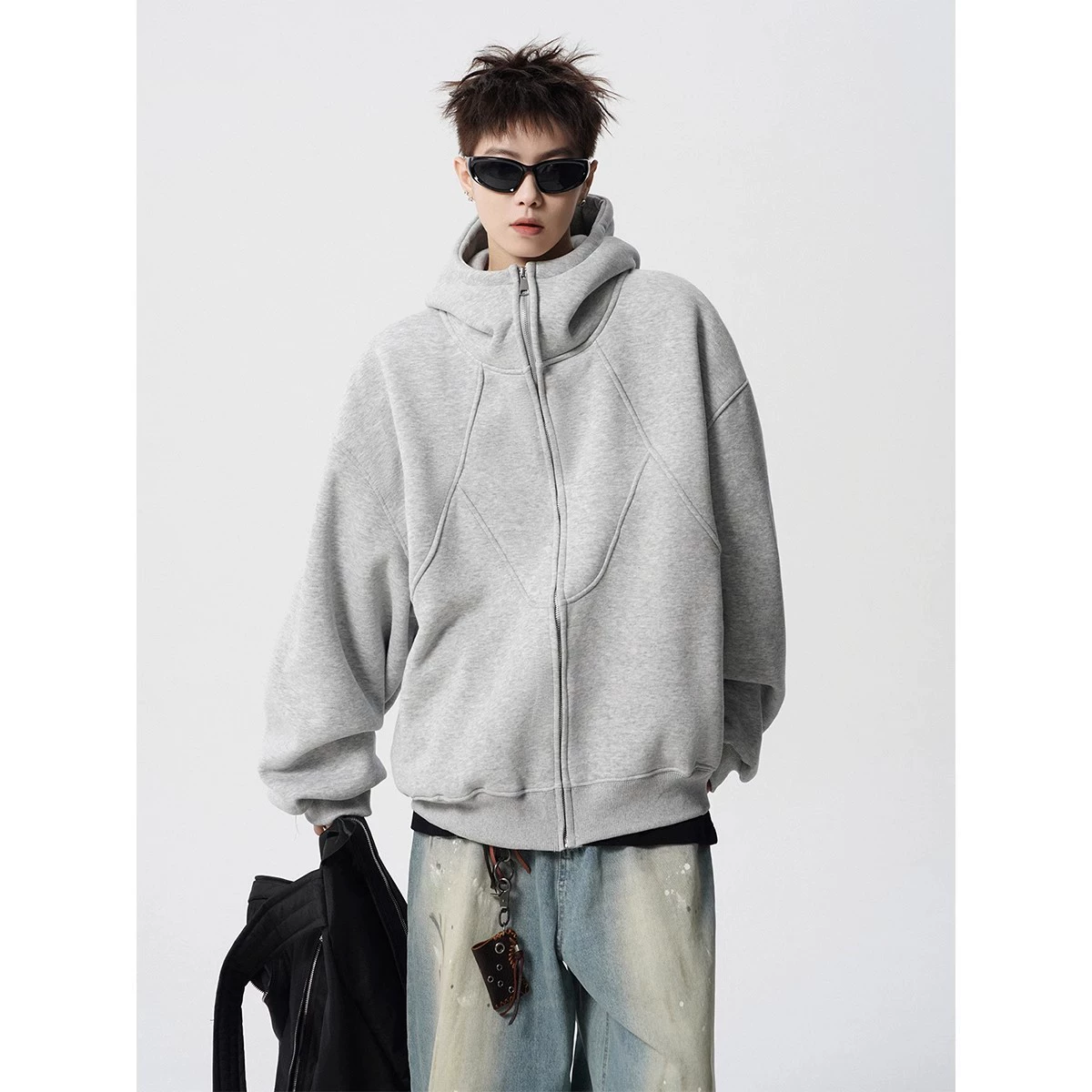 Нерегулярная сшитая куртка куртка мужской зимний американский дизайн плюс плюшевая толстовка прилив универсальный повседневный свитер