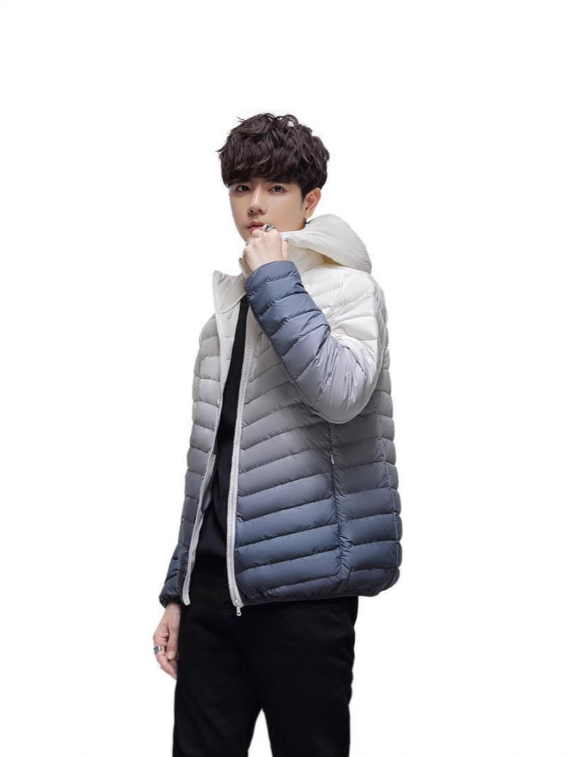 Marca de color gradiente chaqueta de plumón ligera para hombres de invierno nuevo estilo con cuello encapuchado de moda chaqueta caliente corta delgada