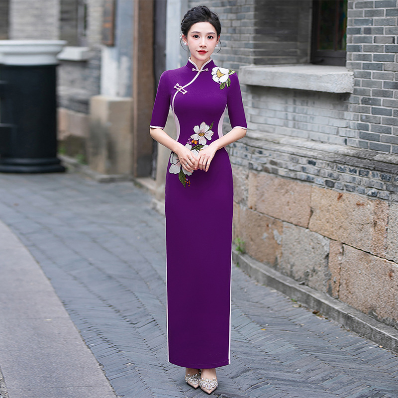 紫色旗袍优雅长裙复古写真街拍中式立领连衣裙2025新款走秀演出服