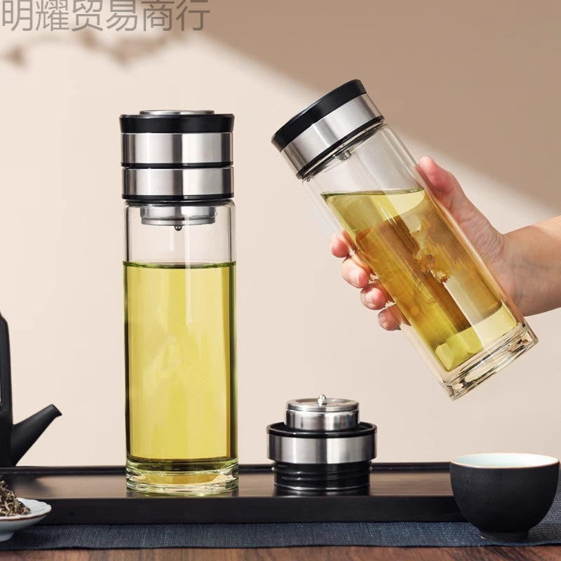 男士批发机械旋转茶水分离大容量双层防烫泡茶玻璃杯水杯印字定