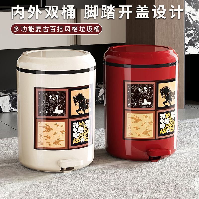 Trash Can Retro Style Household Living Room Storage Bucket Push-Type Pop-Up Double-Layer Sanitary Bucket with Wheels Mobile Cleaning Bucket
