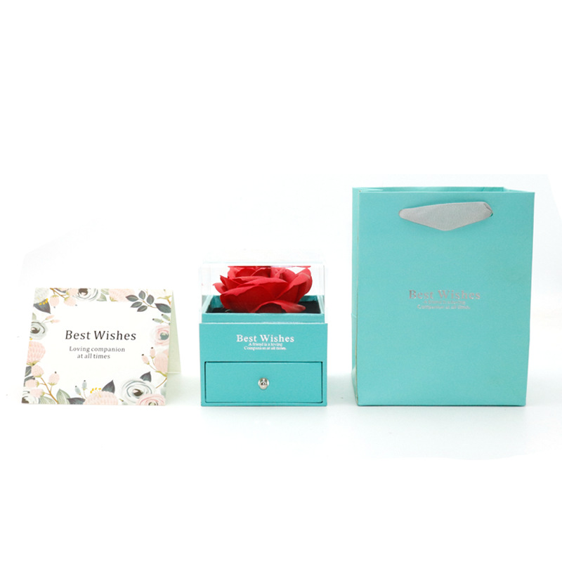 Qixi día de San Valentín caja de flores eterno rosa única anillo acrílico pendientes colgante conjunto caja de regalo de almacenamiento