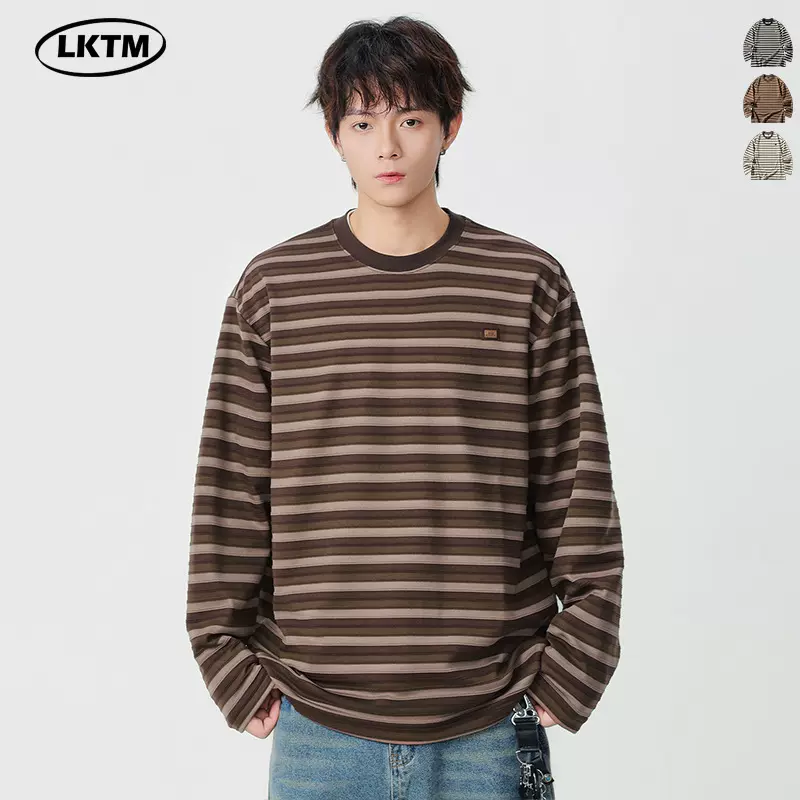 LKTM男装 日系复古撞色条纹长袖T恤男圆领宽松休闲慵懒感百搭上衣