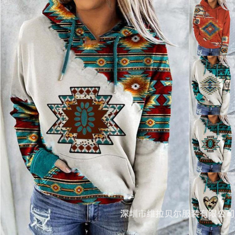 Independent Foreign Trade Platform Tops 2026 Autumn and Winter New European and American Women's Ethnic Style Printed Sweatshirt for Women Autumn and Winter