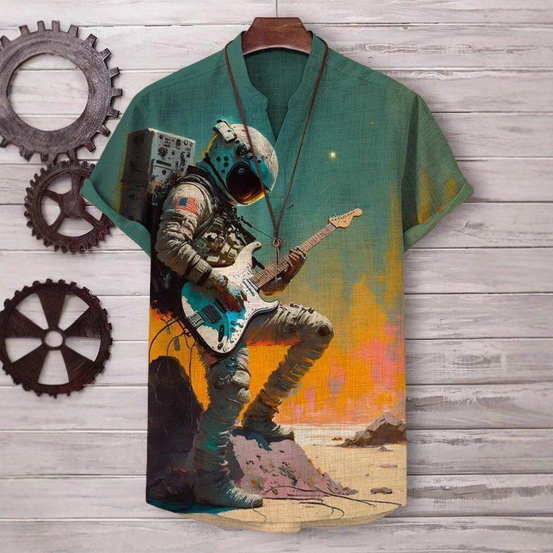 2025 New Foreign Trade Style V-Neck Buttonless 3D Digital Print Shirt Casual Short-Sleeved Top