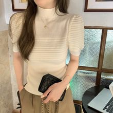 白色半高领半袖针织短袖t恤女夏季2025新款高级感修身泡泡袖上衣