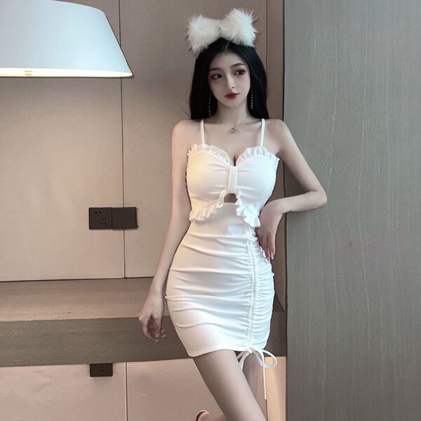 Slim fit with drawstring and suspender， short skirt with buttocks， fake two-piece set for nightclub work clothes
