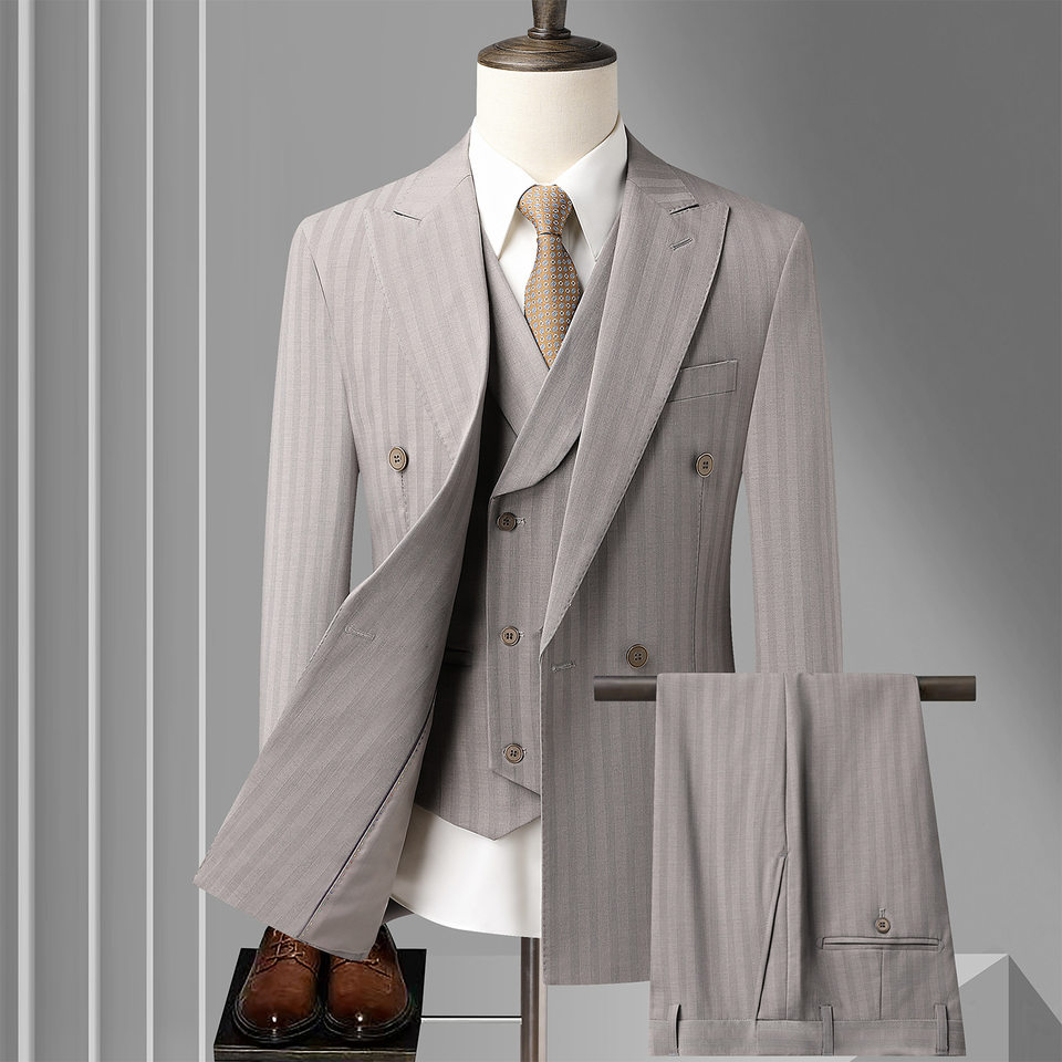 Bộ vest nam dáng ôm phối khuy hai hàng, áo vest + quần, kiểu công sở lịch lãm — Bao cao su màu be (áo+quần), Bộ 2 kiện màu cà phê (áo+quần), Màu be (áo+áo khoác+quần), Màu cà phê (áo+áo khoác+quần)