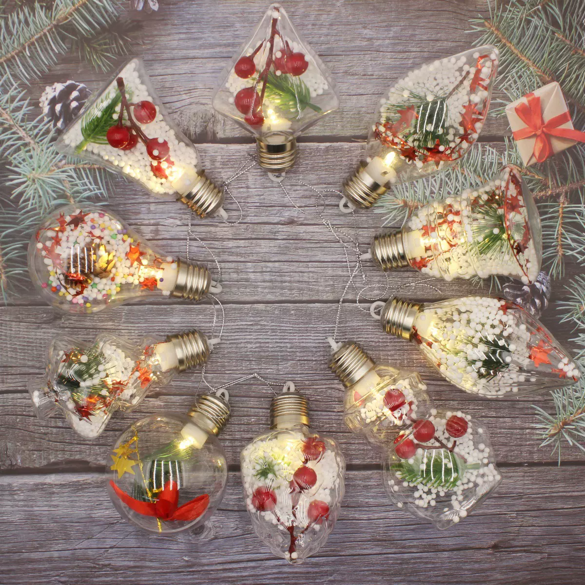 透明球8cm带灯圣诞节圣诞树装饰品派对酒吧婚礼diy插泡挂饰发光