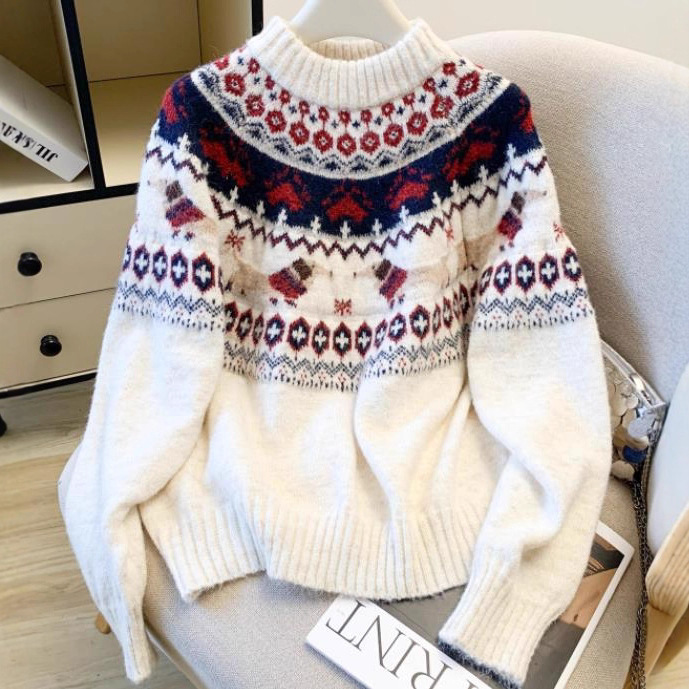 Thickened Fair Isle Stylish Christmas New Year Round Neck Pullover Knitwear Women's Knitwear Top Women's Loose and Slimming Look