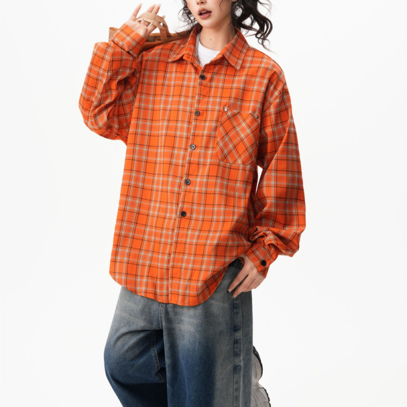 American Style High Street Orange Plaid Shirt for Women and Men 2025 Summer New Fashion Brand Casual All-match Long Sleeve Shirt for Couple American Style High Street Orange Plaid Shirt for Women and Men 2025 Summer New Fashion Brand Casual All-match Long Sleeve Shirt for Couple