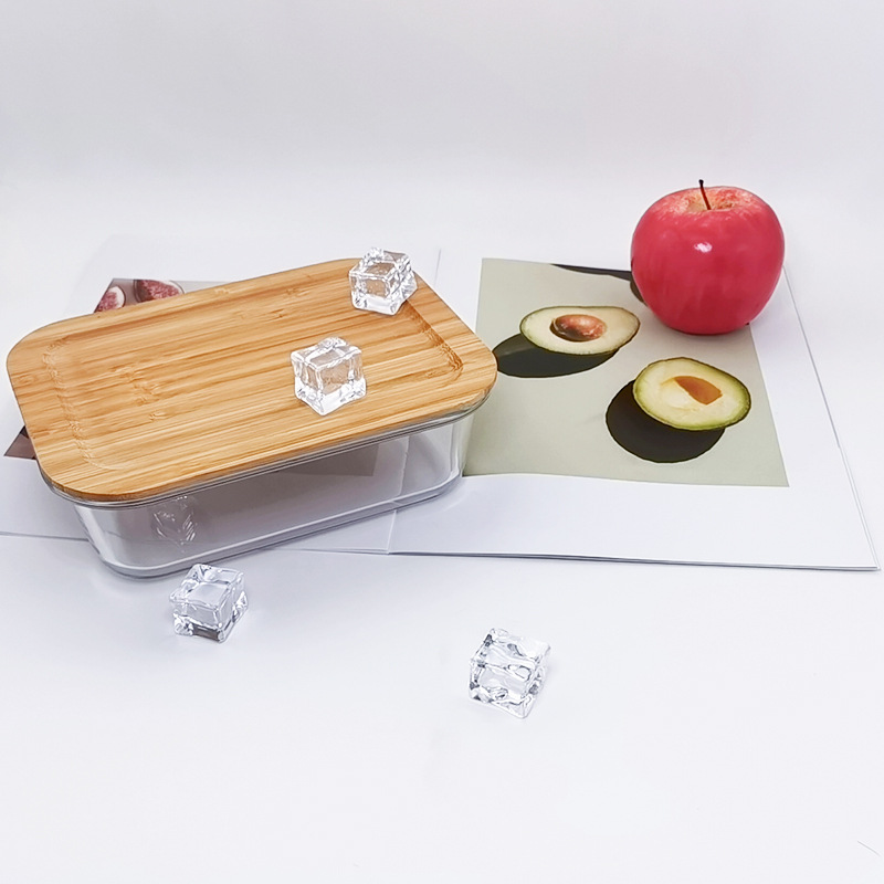 Venta directa de fábrica caja de conservación fresca sellada lonchera rectangular lonchera de picnic caja de conservación de vidrio con tapa de bambú y madera al por mayor