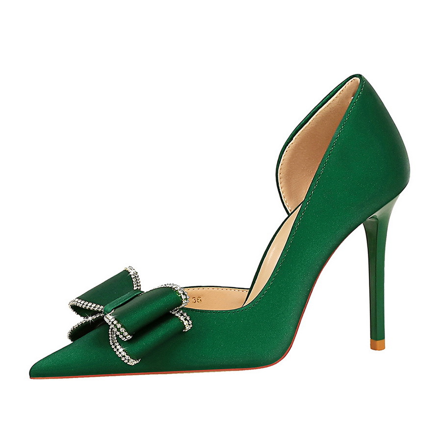 626-H36 Banquet European And American Women's Stiletto Ultra High Heels Shallow Mouth Side Hollow Rhinestone Bow Single_vogvips.com