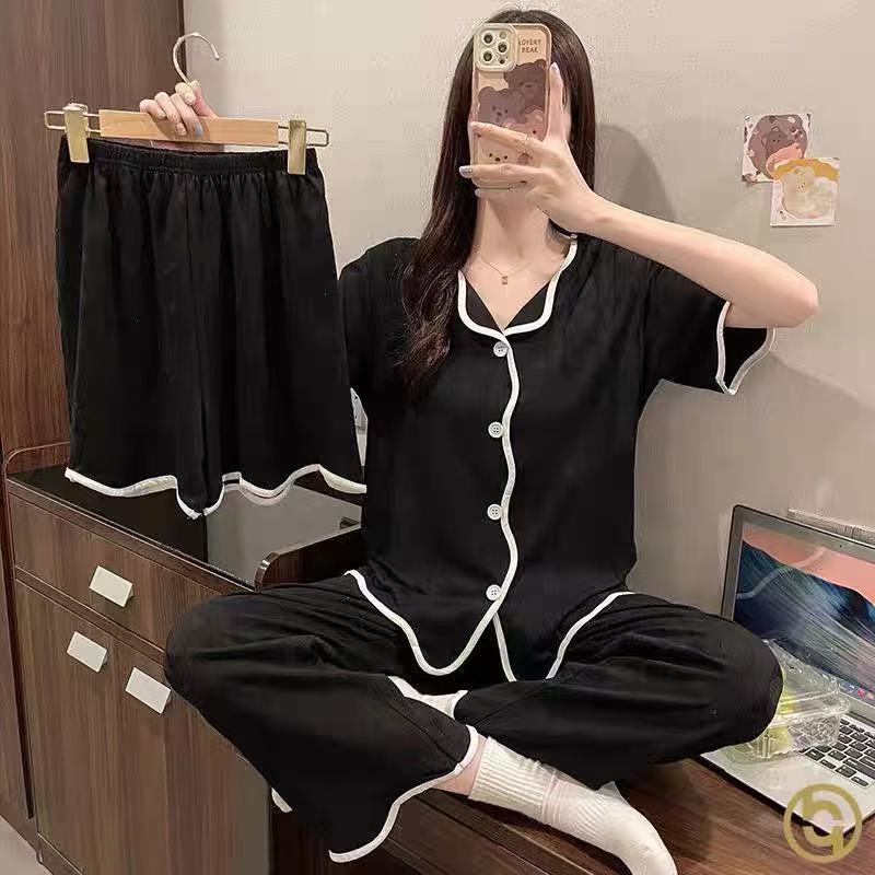 Explosión de tres piezas Cardigan pijama de mujer de verano de mangas cortas pantalones largos delgados se pueden usar dibujos animados dulce conjunto de ropa para el hogar