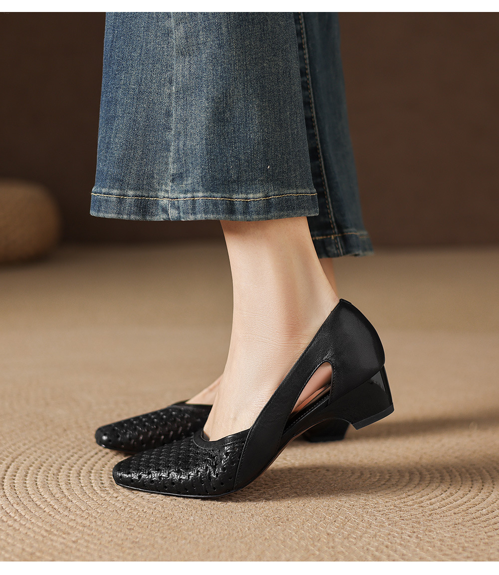Giày sandal nữ mũi vuông gót thấp 3,5 cm da cừu đục lỗ hở mũi — đen chi tiết 16