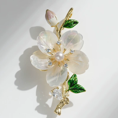 Xiliang Feizi High-End Natural Freshwater Pearl Shell Azalea Flower Brooch Enamel Flower Bud Accessory Brooch Pin (Yaxa sancaqları) - x6135-1-280-freshwater-pearl-shell-azalea-brooch