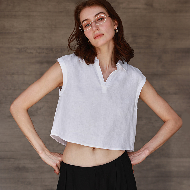 100% Linen V-Neck Sleeveless Short Shirt 26 Summer European and American Simple Commuter Lapel Top High-Fashion Vest for Women 100% Linen V-Neck Sleeveless Short Shirt 26 Summer European and American Simple Commuter Lapel Top High-Fashion Vest for Women