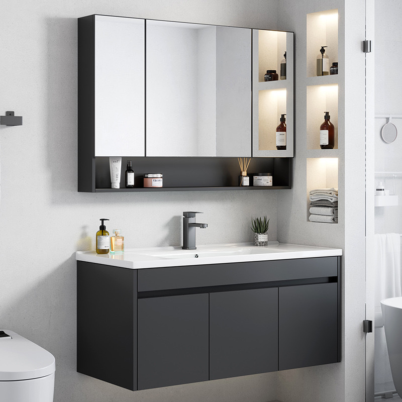 Negro engrosada espacio de aluminio baño gabinete combinación Hotel Rock placa integrada lavabo baño lavabo