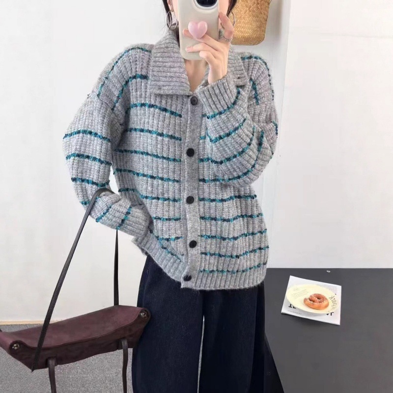 韩系条纹慵懒风长袖毛衣女2025秋季新款复古感宽松针织上衣外贸潮|undefined