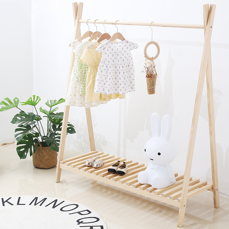 bedroom Coat rack woodiness Clothes hanger solid wood children to ground coat hanger Chinese child Big boy household ins Simple hanger