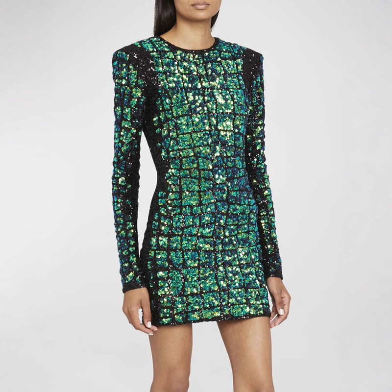 Spot 2025 New European and American New Products Light Green Sequin Mini French Crocodile Dress Women's Autum Export Popular Long Sleeves
