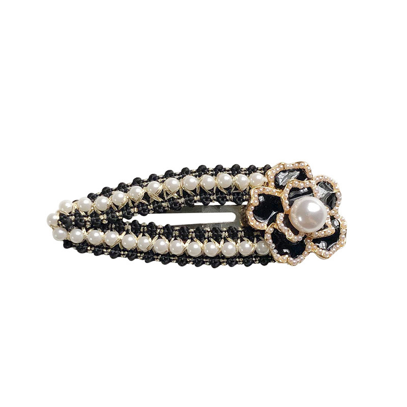 Grampo de cabelo de camélia humano flor rica preto e branco estilo perfumado BB clipe acessórios de cabelo coreanos grampo de cabelo lateral_voghion.com