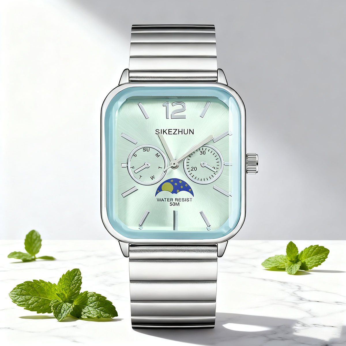 New Moon Phase Square Stainless Steel Belt Simple Fashion Watch for Men and Women Couples Junior High School Students Trendy Quartz Watch