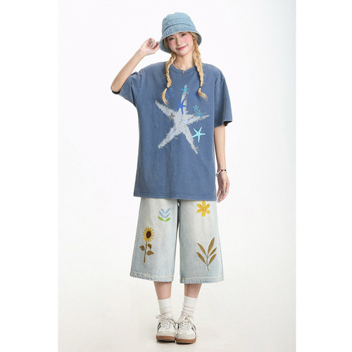 Women's Jeans Shorts 2025 Summer New American Distressed Floral Embroidery Loose Straight Leg Design Fashion 7/8 Length Trendy