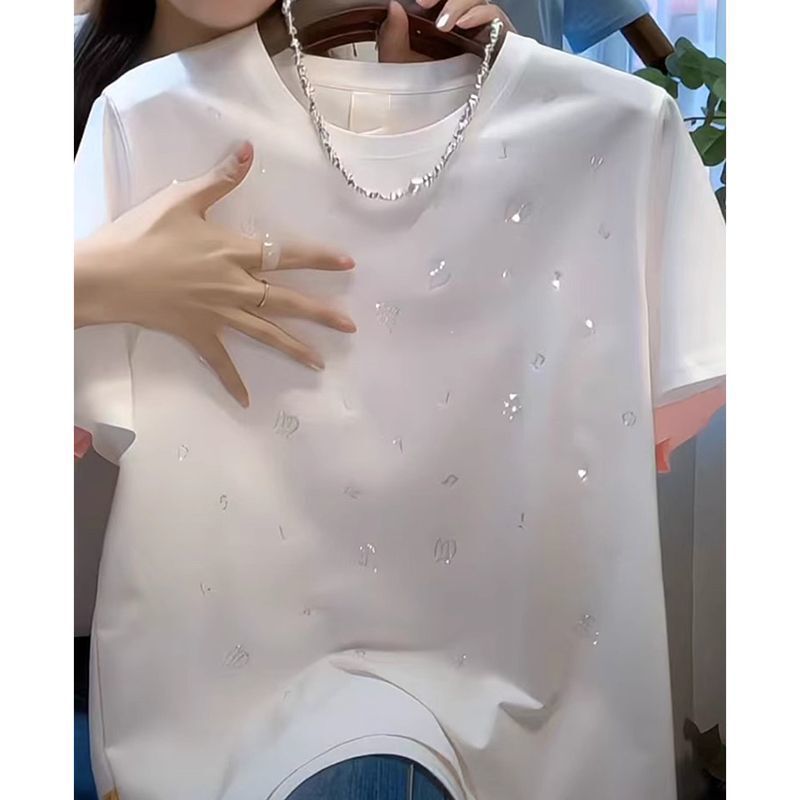 2026 Summer New Short-Sleeve T-Shirt for Women with Heavy Rhinestone Embellishments, Versatile, Beautiful, Regular Shoulder, Slimming, Stylish Top 2026 Summer New Short-Sleeve T-Shirt for Women with Heavy Rhinestone Embellishments, Versatile, Beautiful, Regular Shoulder, Slimming, Stylish Top