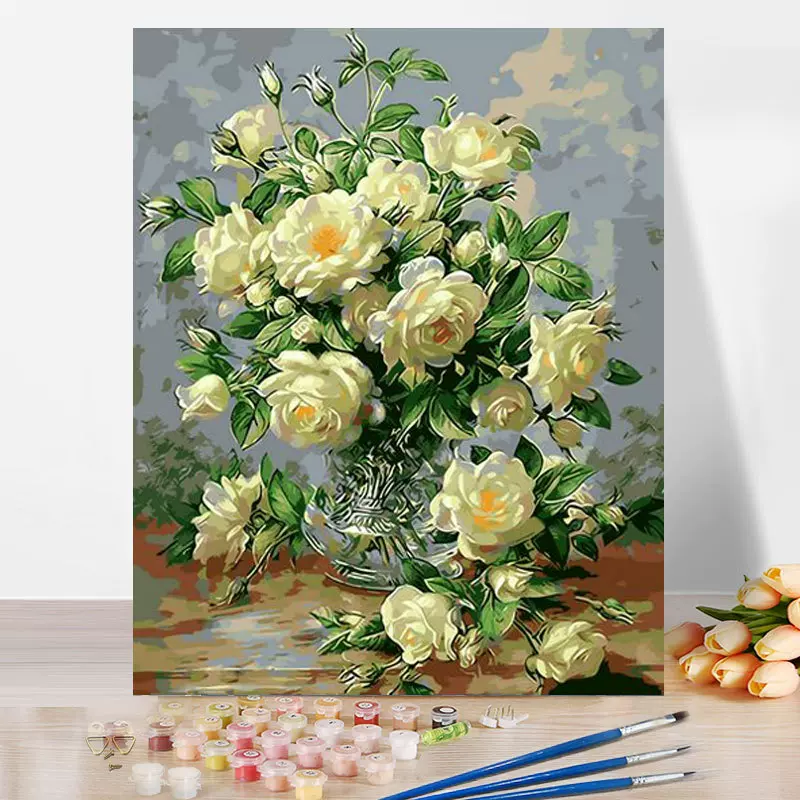diy数字油画手工油彩画亚马逊风景画填色涂鸦客厅装饰画白牡丹