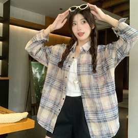 实拍2025春秋美式复古格子衬衫女宽松百搭休闲开衫长袖衬衣外套潮