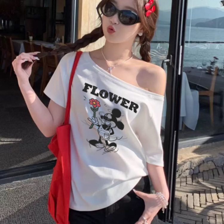 White Off-Shoulder Short-Sleeve T-Shirt for Women, Summer New American-Style Cartoon Mickey Print Casual Loose Top