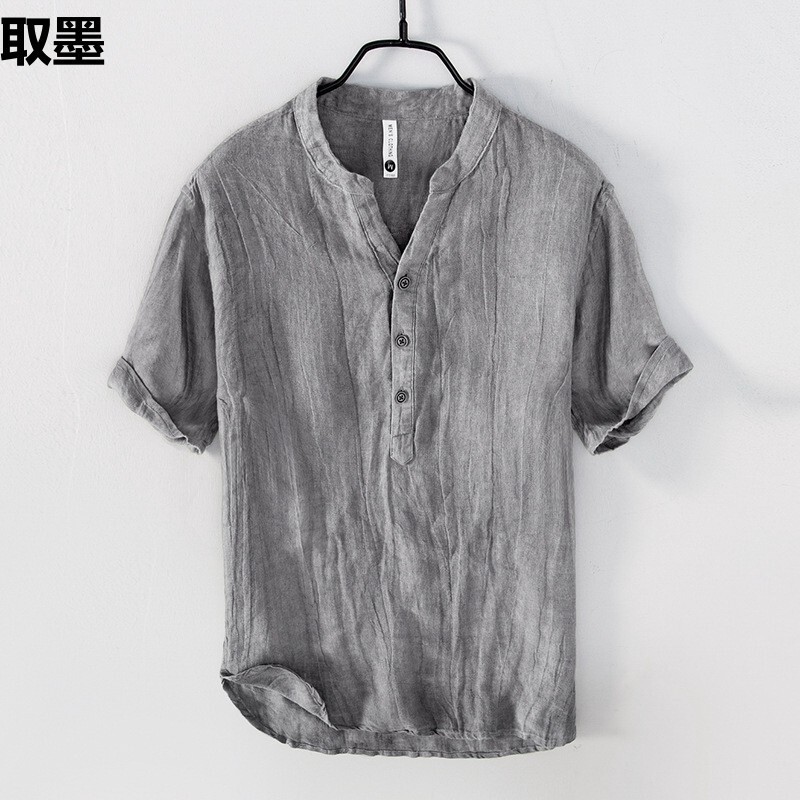 Summer Linen Short-sleeved Casual T-shirt Men's Vertical Collar Pullover Shirt National Fashion plus size Vintage Thin Breathable Large V-neck