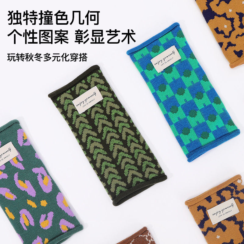 亚马逊冬季保暖手套女撞色几何纹理半指手套男高弹百搭保暖手套女|undefined